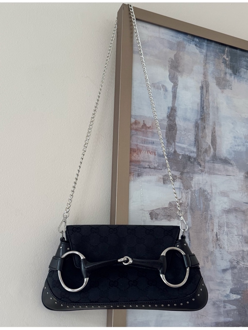 Authentic Gucci Tom Ford Horsebit Black Canvas Studs Leather Chain Clutch, COA - Picture 13 of 15